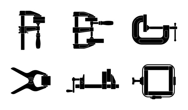 Set of 6 Black Vector Clamps, Woodworking Tools, Garage Equipment, Metal Fasteners, Industrial Hardware, Workshop Supplies