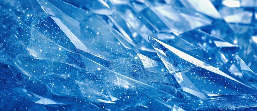 Abstract blue crystal background with sparkling light shards. Sharp geometric texture of frozen ice surface. Macro view of winter mineral structure for sci-fi wallpaper or futuristic design.