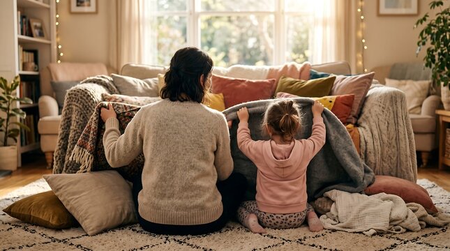 Mother and daughter create a cozy blanket fort in a living room, enjoying quality time together