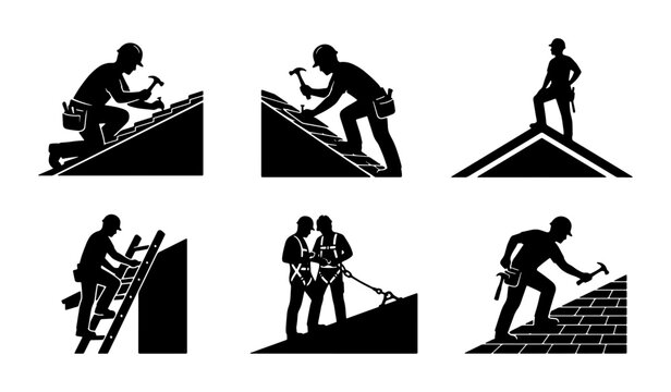 Roofing Construction Icons, Silhouette Workers Building and Repairing Roofs, Safety Harness and Ladder Use, Vector Set