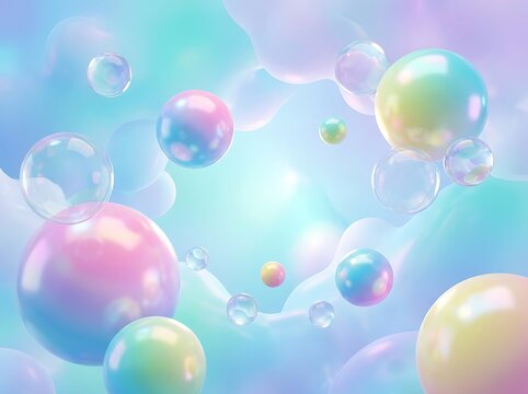 Abstract composition of iridescent spheres and floating soft bubbles with abstract iridescent background floating colorful gradient backdrop translucent aesthetic shimmering minimalist