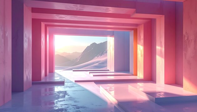 Interior with geometric forms framing a distant mountain vista