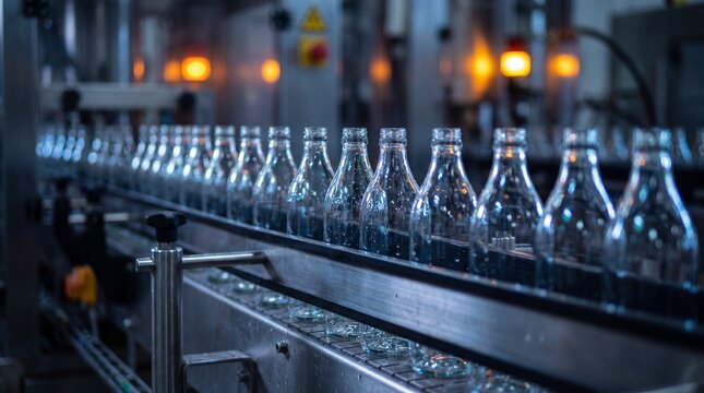 Glass bottles moving on a conveyor belt in a factory