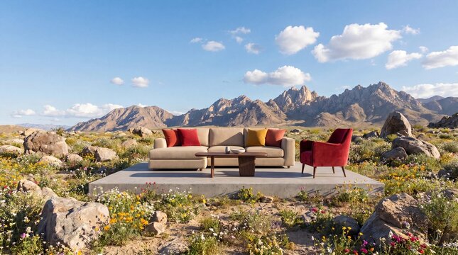 Modern sofa and armchair on a desert patio with mountains