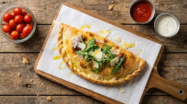 Fresh calzone with arugula and parmesan on wooden board