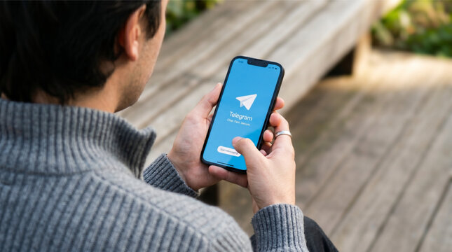 Man holding a smartphone iPhone with Telegram messaging app on the screen sitting on a wooden bench. Secure chat and social network communication technology application mockup. Lifestyle concept.