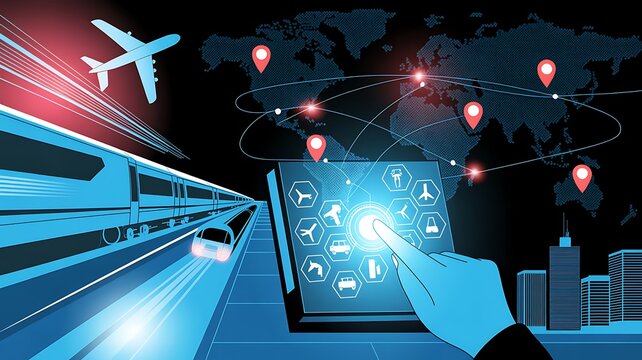 Futuristic digital travel interface with world map, high-speed train, and airplane for global transportation management