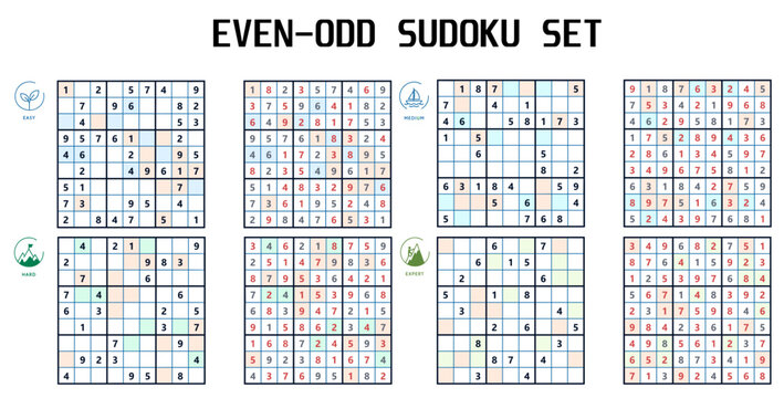 Even-Odd Sudoku Set:  Easy, Medium, Hard, Expert Levels with Grids