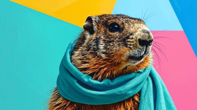 A furry creature wearing a scarf against a colorful background