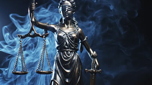 Lady Justice statue with blue smoke on black background.