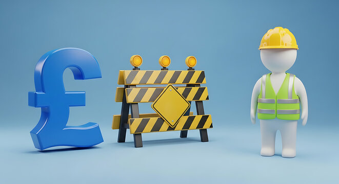 3D render of a construction worker figurine with a blue pound sterling symbol and road blockade construction sterling currency roadblock business industrial investment development protection