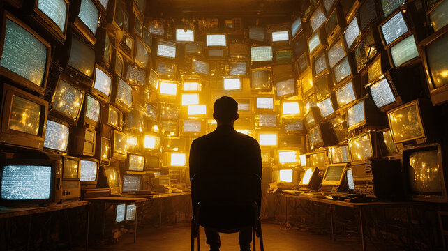 Silhouetted man facing a massive wall of glowing vintage television screens in dramatic golden indoor lighting symbolizing information overload