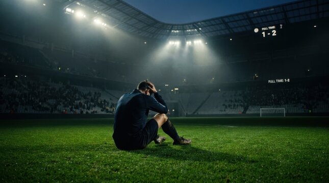 Sad soccer player sitting on the field after a loss