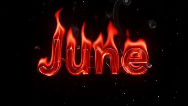 June text rendered with brilliant orange flames and thick swirling smoke rising upwards in this dynamic motion video footage showing a glowing typographic calendar design element against a deep dark b