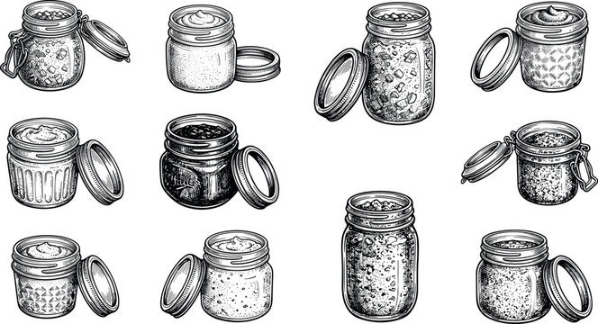 Vintage Hand Drawn Mason Jar Collection Featuring Glass Containers Filled with Jam Chutney Pickles and Sauces for Kitchen Food Preservation Vector Designs