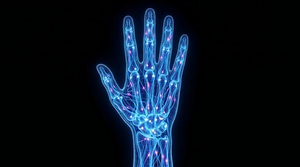 Naklejka premium Human lymphatic system and skeletal structure of a hand glowing blue with nodes on a dark background