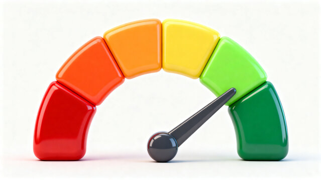 3D render of a colorful performance indicator. The needle points to the green zone, symbolizing good results, high efficiency, low risk, positive feedback, or excellent rating. Isolated on white.