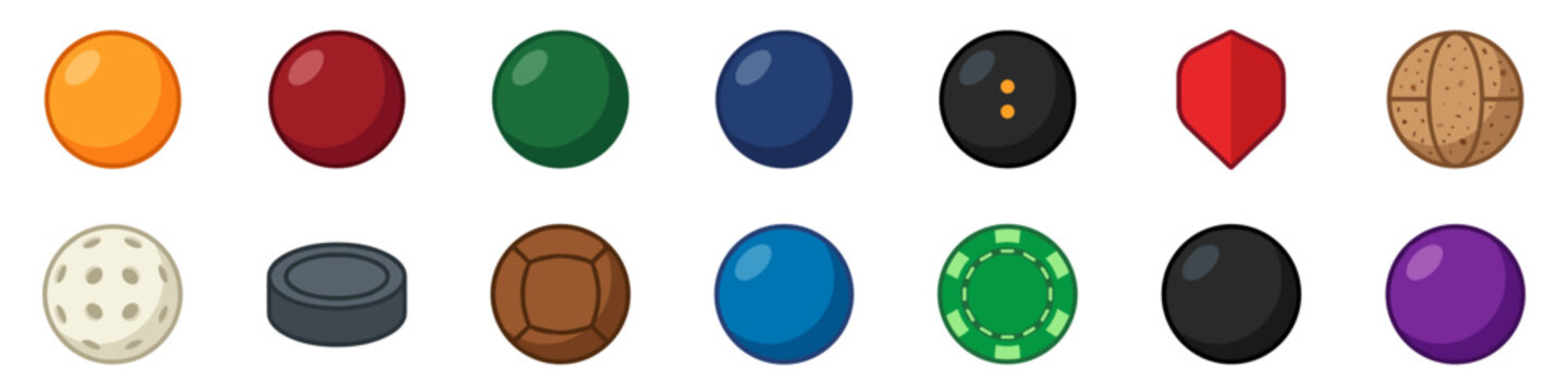 Table games and competition balls flat icon set on transparent background. Cartoon design.