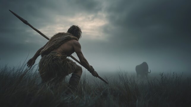 Ancient hunter poised against a majestic backdrop.