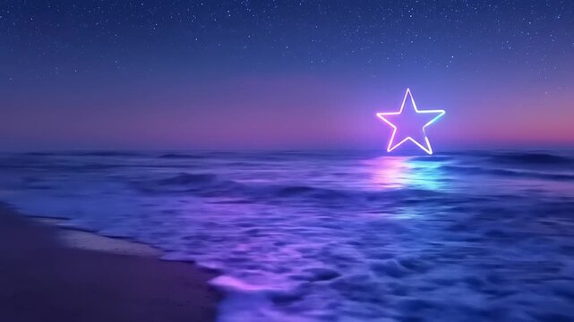 Glowing neon pentagram hovering over ocean waves at twilight