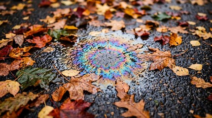 Naklejka premium Colorful oil spill on wet pavement with autumn leaves.