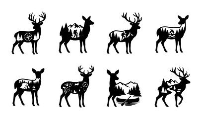 Wilderness Deer Silhouette Collection, Nature Landscape Scenes, Outdoor Adventure Icons, Vector Graphics for Wildlife and Travel Themes © Ariful