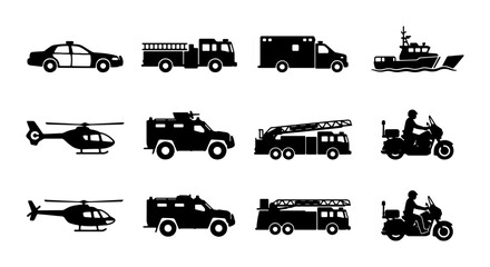 Emergency Vehicle Icons Set: Police Car, Fire Truck, Ambulance, Boat, Helicopter, Armored Car, Motorcycle, 12 Vector Graphics Collection © Nurul