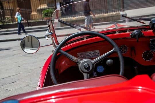 Palermo, Italy 05 12 2026: cockpit of a vintage old-timer car from the 1930 period. A  Fiat 508 S Balilla Sport, known as the "Coppa d'Oro".