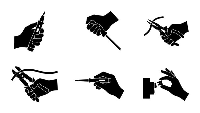 Set of 6 Hand Tools Icons, Vector Illustrations of DIY, Repair, and Construction Actions, Black Silhouette Graphics for Technical Manuals and Projects
