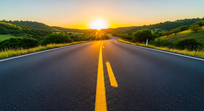 Asphalt road stretching toward the horizon at sunset with yellow lines landscape pavement transportation direction