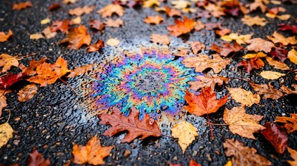 Naklejka premium Colorful oil spill on wet pavement with autumn leaves.