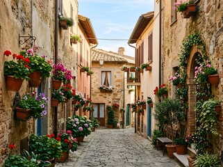 Obraz premium Charming Medieval Stone Alleyway Decorated with Vibrant Flowering Plants in Italy