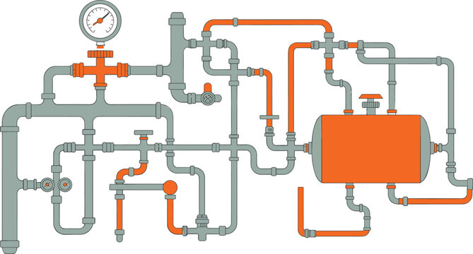 Industrial pipeline system with water tank pressure gauge plumbing blueprint scheme engine dashboard interface vector template