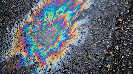 Naklejka premium Colorful oil slick on wet asphalt surface with rainbow effect.