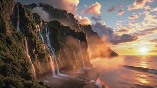 Dramatic waterfall cascading over cliffs into ocean at sunset  
