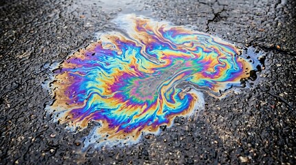 Naklejka premium Colorful oil slick pattern on wet asphalt surface.