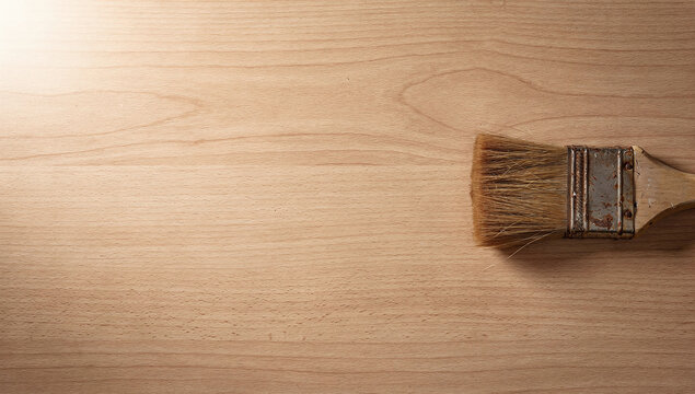 Old paint brush with wooden handle on light wooden board background