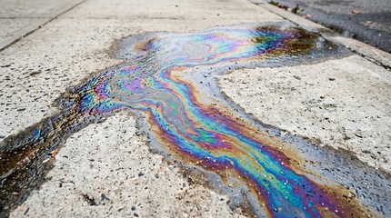 Naklejka premium Colorful oil spill on wet concrete pavement surface.