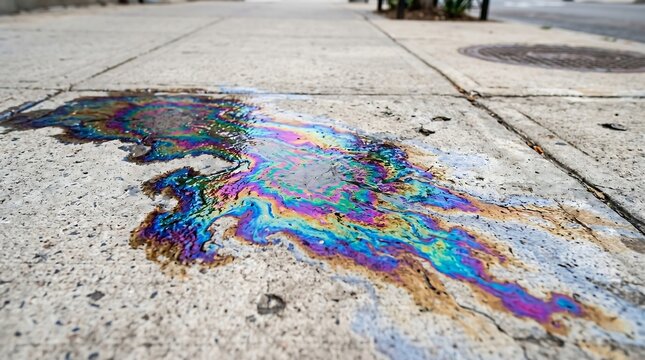 Colorful oil spill on wet urban pavement.