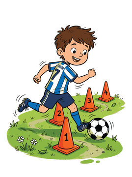 Little boy dribbling a soccer ball skillfully past orange training cones