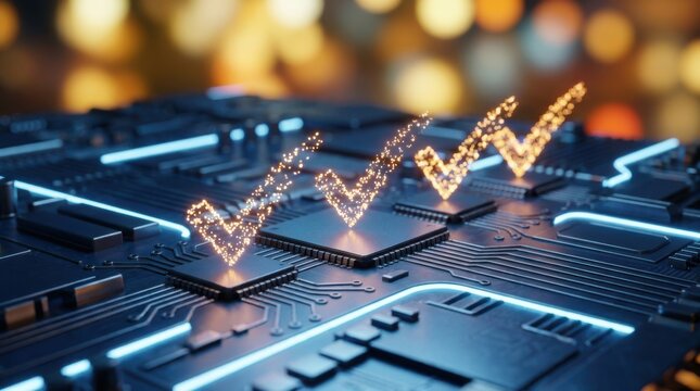 Glowing check mark icons on a digital computer circuit board