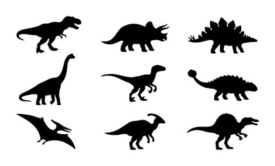 Set of 9 Black Dinosaur Silhouettes, Prehistoric Reptile Icons for Jurassic Era Graphics, Vector Collection © Jannatul