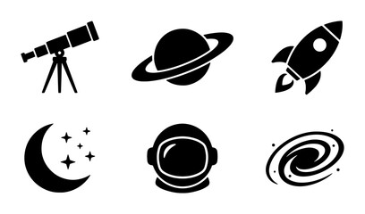 Space Icons Set: Telescope, Saturn, Rocket, Moon, Astronaut Helmet, Galaxy, Cosmic Exploration Vector Graphics © Shakhawat
