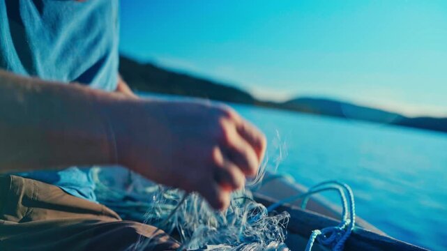 Cropped View Of A Man Fixing His Fishing Net While In A Boat. Close-up Shot