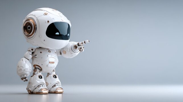 Cute white humanoid robot pointing toward empty copy space with friendly expression, futuristic artificial intelligence assistant character presenting blank area for text, advertising message or promo