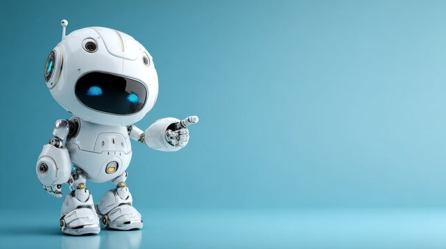 Cute white humanoid robot pointing toward empty copy space with friendly expression, futuristic artificial intelligence assistant character presenting blank area for text, advertising message or promo