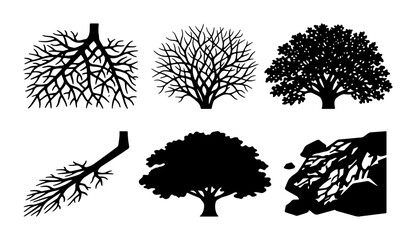 Vector Tree Silhouettes and Root Systems, Organic Botanical Elements, Natural Woodland Icons, Black and White Graphic Assets © Jannatul
