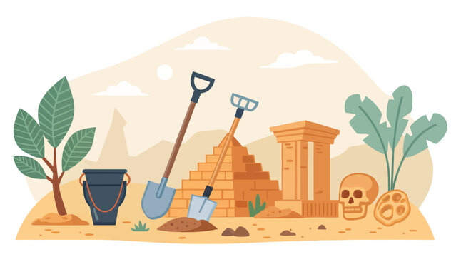 Ancient archaeology excavation scene with tools and skull archaeology excavation artifact discovery exploration heritage archaeological civilization antiquity research excavate monument