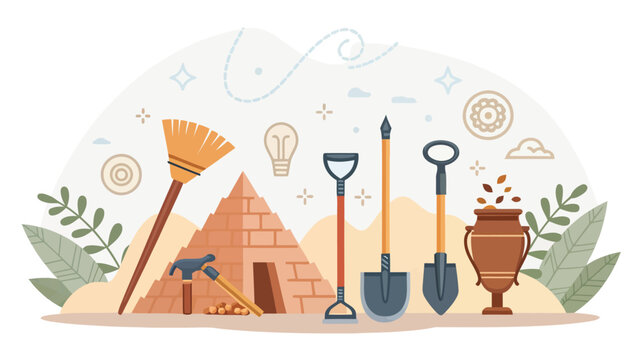 Archaeological excavation site and excavation tools illustration with archaeology excavation discovery research exploration artifact scientific heritage archaeological treasure investigation