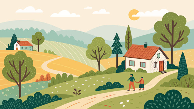 Cartoon flat illustration of a couple walking through a peaceful rural landscape with a farmhouse landscape farmhouse countryside peaceful outdoors recreation pastoral lifestyle together